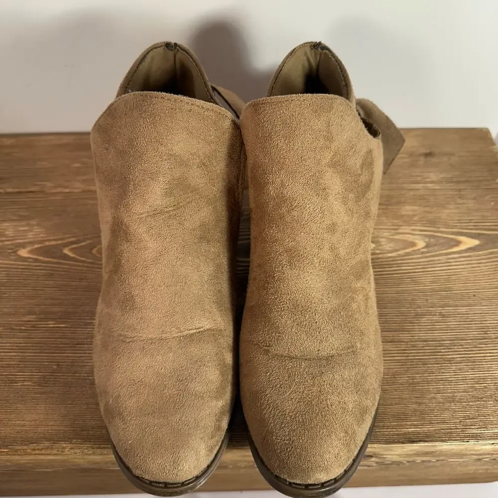 Boho Faux Suede Ankle Boots Womens 7/8 Softgirl Brown Low Block Heel Bow Casual - Picture 4 of 8